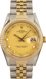 Rolex Date 34MM Two Tone, Engine Turned Bezel Doorstop Markers, Rolex Box (1982)