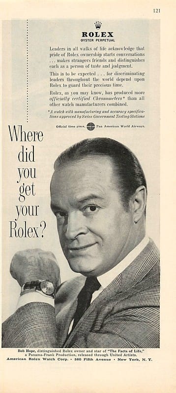 rolex luxury ads ad marketing 1960 watches history advertisement retro bob hope supreme famous week 1920 heritage digioia vin posted