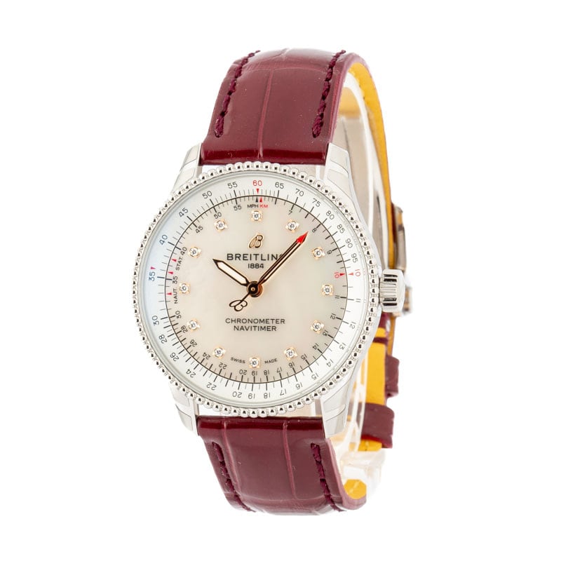 Breitling Navitimer Automatic 35 Mother of Pearl Dial on Burgundy Strap