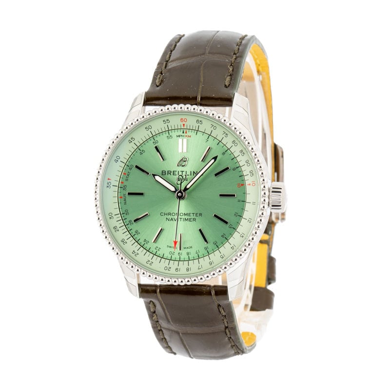 Breitling Navitimer Automatic 35 Steel on Leather Strap Green Dial