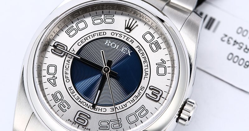 Certified Rolex Oyster Perpetual 116000 Concentric Blue Dial