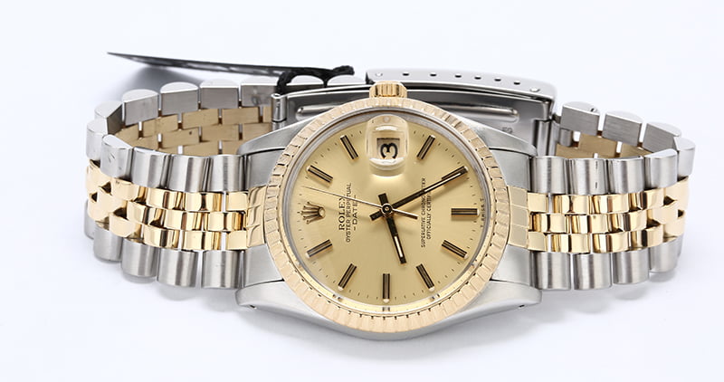 Two Tone Rolex Date 15053 Champagne Index Dial