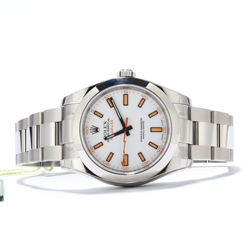 Unworn Rolex Milgauss 116400 White Dial with Orange Markers