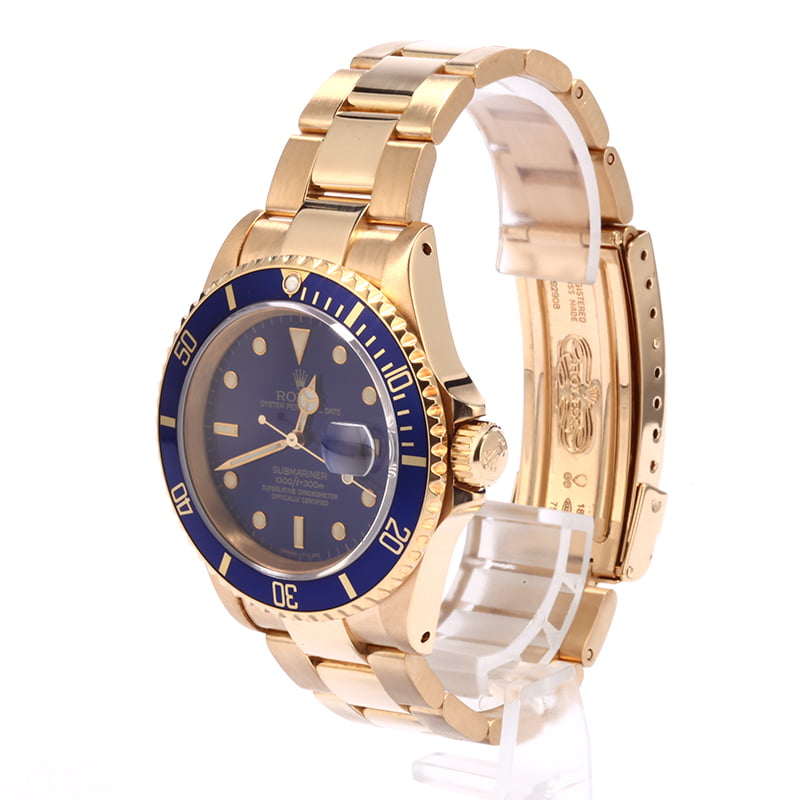 Pre Owned Rolex Submariner 16618 Blue Dial 18K Yellow Gold