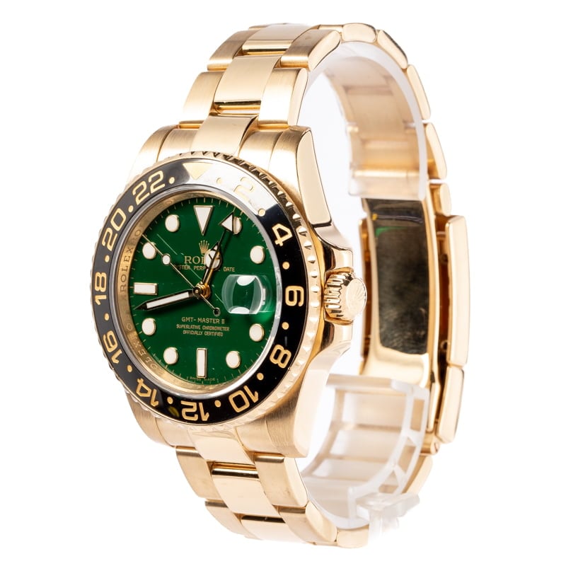 Rolex GMT-Master 2 Yellow Gold 40mm Case Green Dial Black Ceramic Bezel  Yellow Gold Oyster Bracelet Automatic Watch 116718