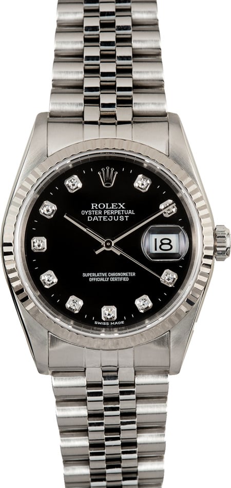 rolex oyster perpetual datejust black face diamonds