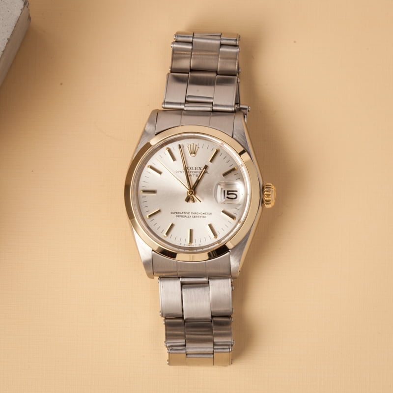 Vintage Rolex Date 1500 Silver Dial Gold Bezel