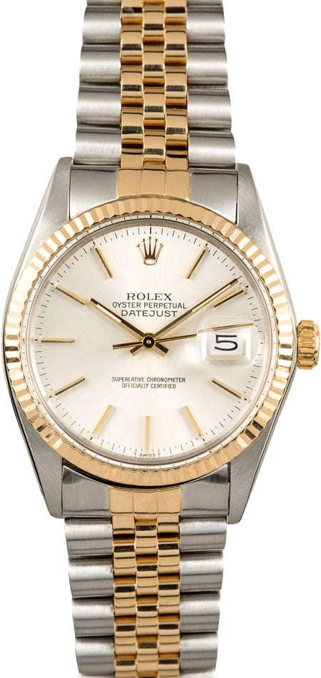 Genuine Rolex Datejust 36mm 16013 Automatic Watch, Steel & Yellow Gold, Silver Dial, 2-Year Warranty, Pre-owned