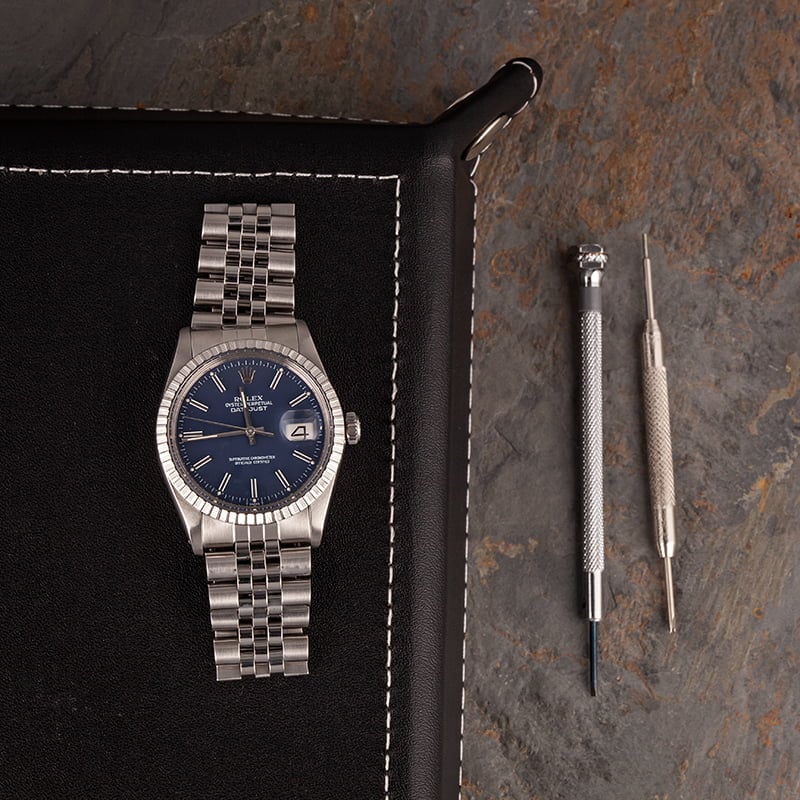 Pre-Owned Rolex Datejust 16030 Engine Turned Bezel Blue Dial