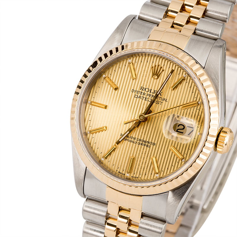 Pre Owned Rolex Datejust 16233 Champagne Tapestry Index Dial