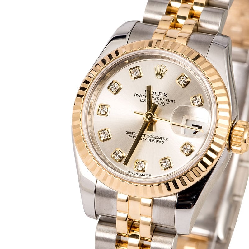 Diamond Rolex Lady Datejust 179173 Silver Dial