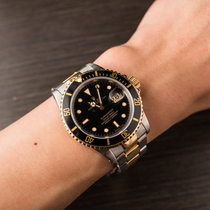 Pre Owned Rolex Two Tone Submariner 16803 Black Dial