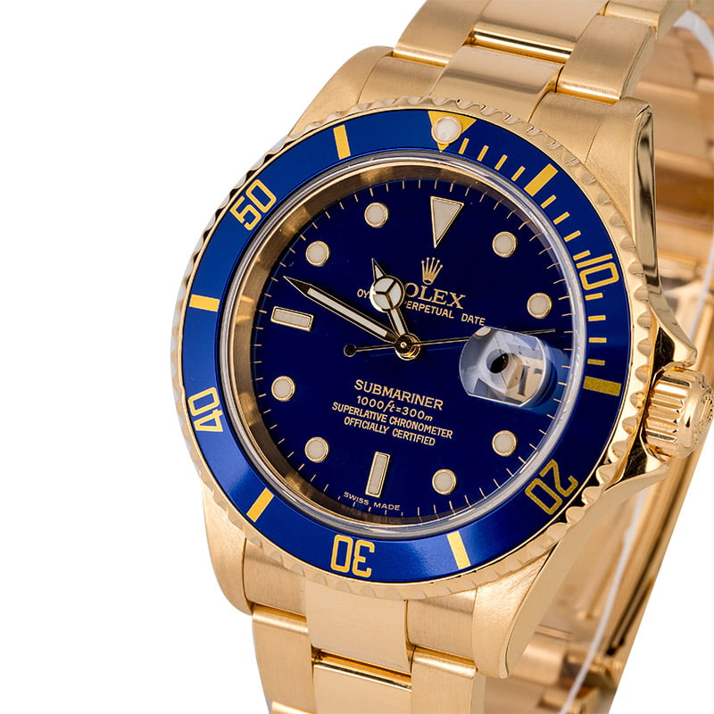 Rolex Submariner 16618 Yellow Gold Oyster Blue Bezel