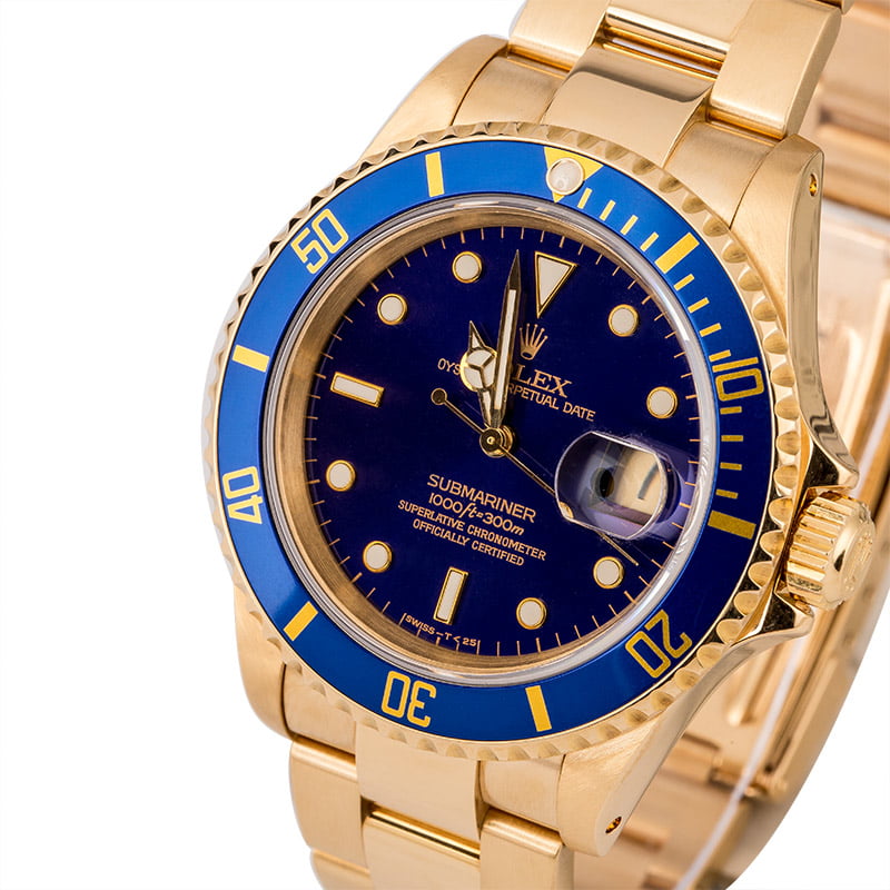 Rolex Yellow Gold Submariner 16618 Blue Dial