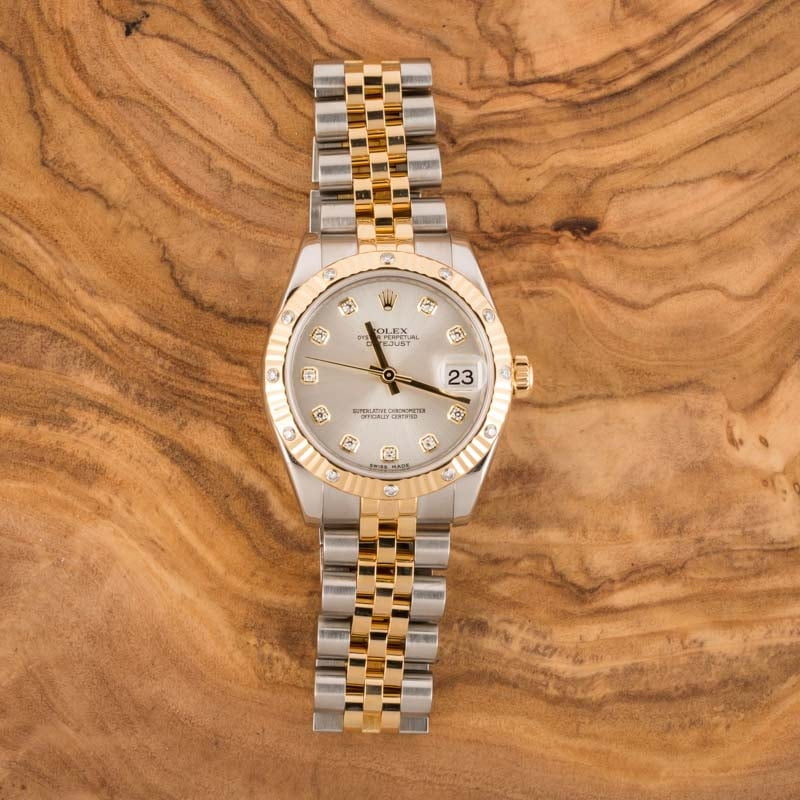 Rolex Datejust 18K Yellow Gold/Steel & Diamond Silver Dial 31mm Watch G 178313