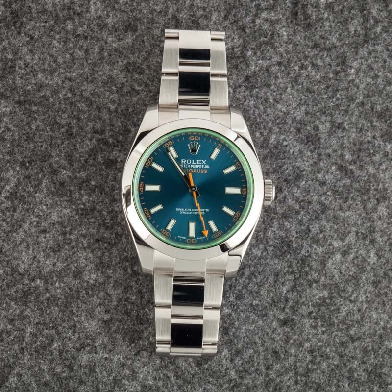 Rolex Milgauss Ref 116400GV Blue Dial Green Crystal