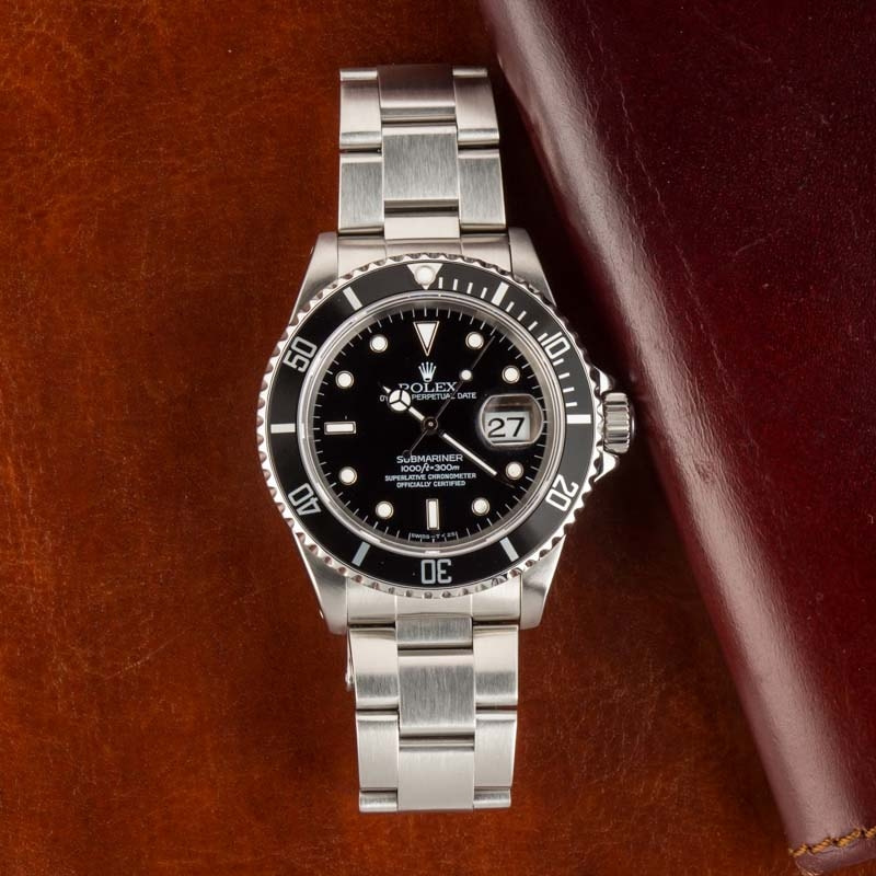 Pre-Owned Black Rolex Submariner 16610 Stainless Steel