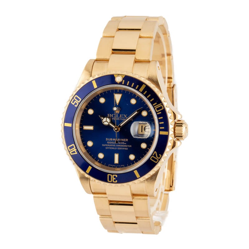 Blue Dial Rolex Submariner 16618 Yellow Gold Oyster