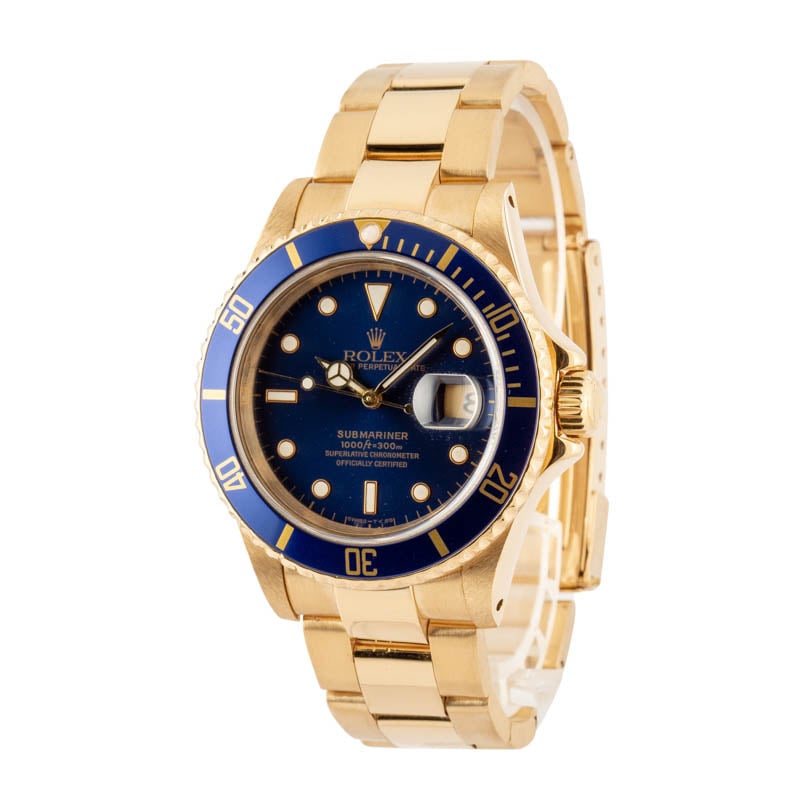 Blue Dial Rolex Submariner 16618 Yellow Gold Oyster