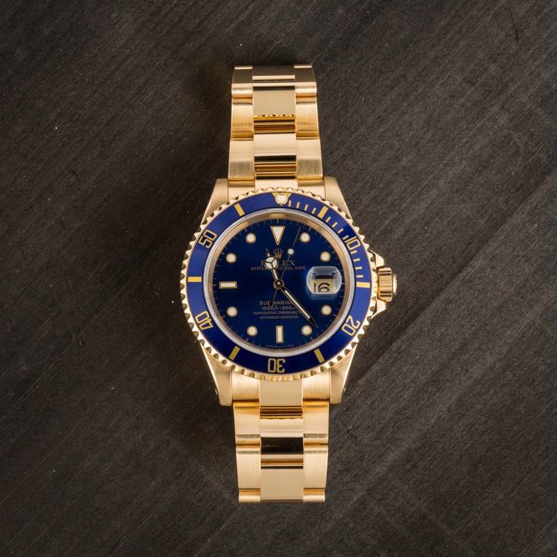 Blue Dial Rolex Submariner 16618 Yellow Gold Oyster