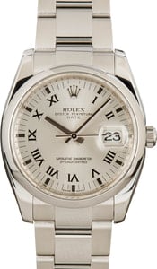 Rolex Date 34MM Steel, Doorstop Hour Markers Silver Roman Dial, Rolex Box (2008)