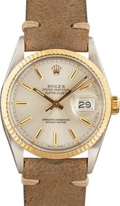 Rolex Datejust 36MM Steel & 18k Gold, Leather Strap Silver Index Dial, B&P (1986)