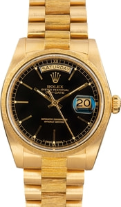 Rolex Day-Date 36MM 18k Gold, Black Index Dial Barked Bezel & Center Links (1984)