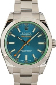 Rolex Milgauss 40MM Stainless Steel, Green Crystal Blue Chromalight Dial, Rolex Box