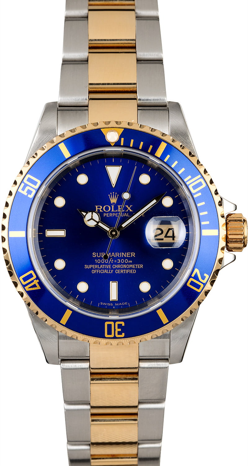 Pre-Owned Mens Rolex Submariner Two Tone with Blue Face Model 16613 3