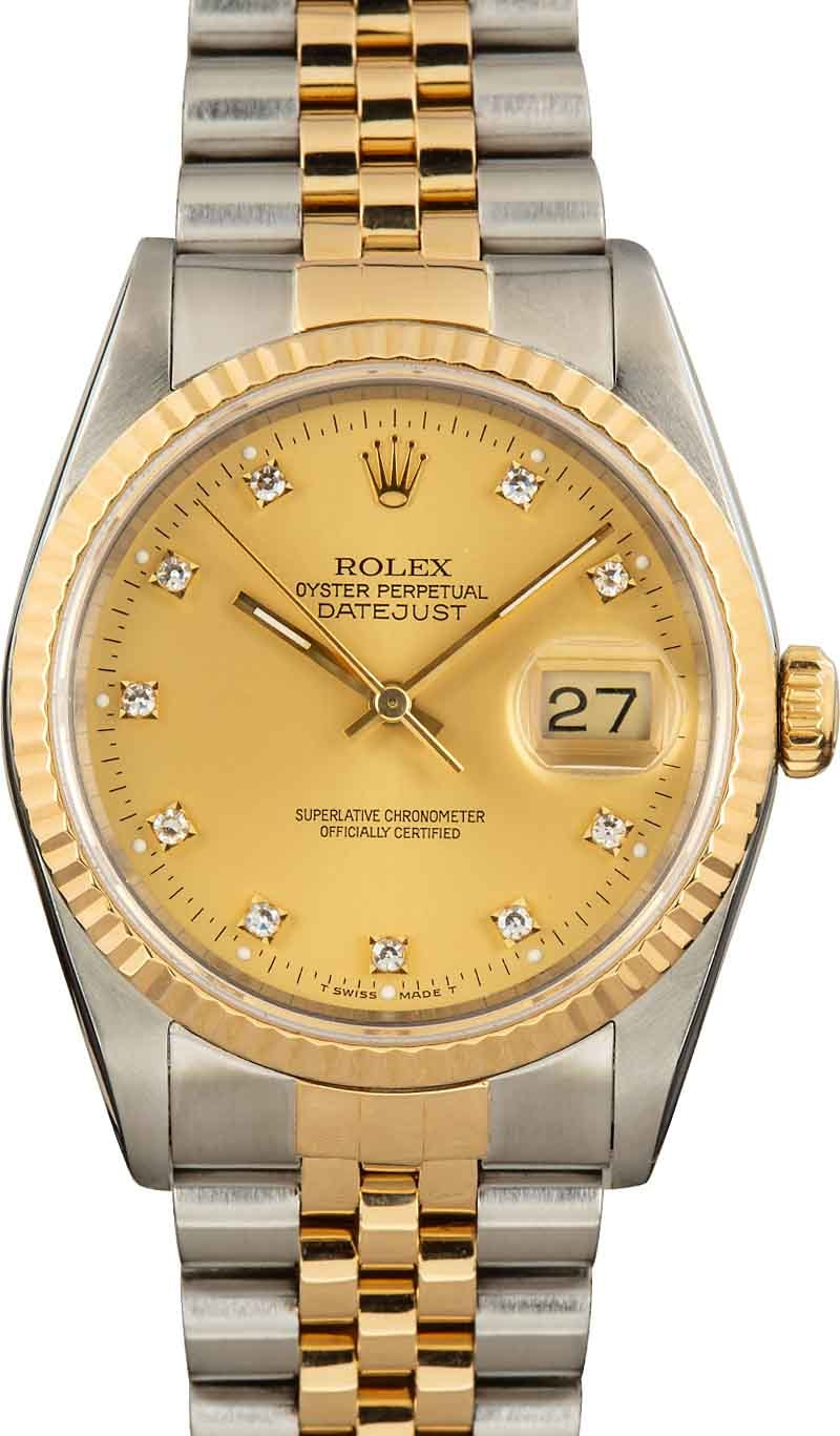 Rolex Datejust Ref 16233G Champagne Diamond Dial 18K Yellow 