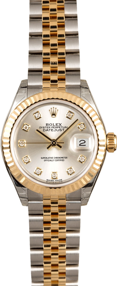 Rolex Women's Datejust Two Tone Fluted Factory Silver Diamond Dial