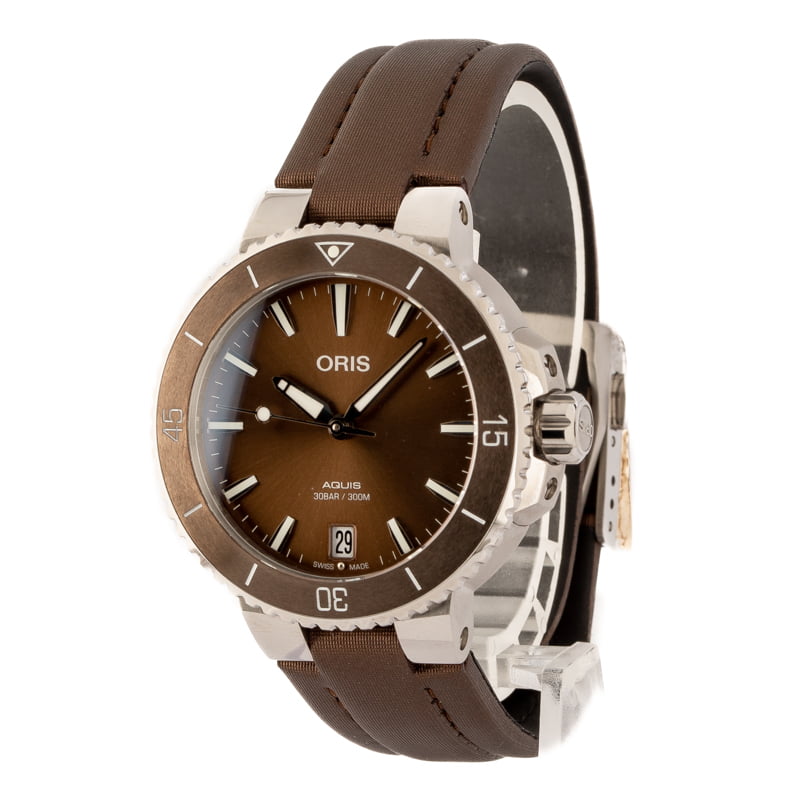 Ladies Oris Aquis Date Brown Dial & Textile Strap