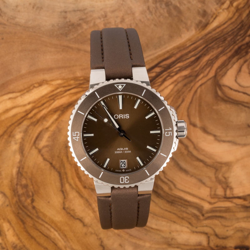 Ladies Oris Aquis Date Brown Dial & Textile Strap