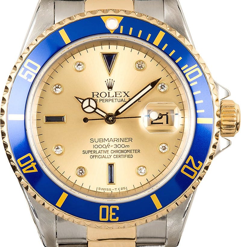 Rolex Submariner ref. 16613 with blue bezel and champagne Serti dial