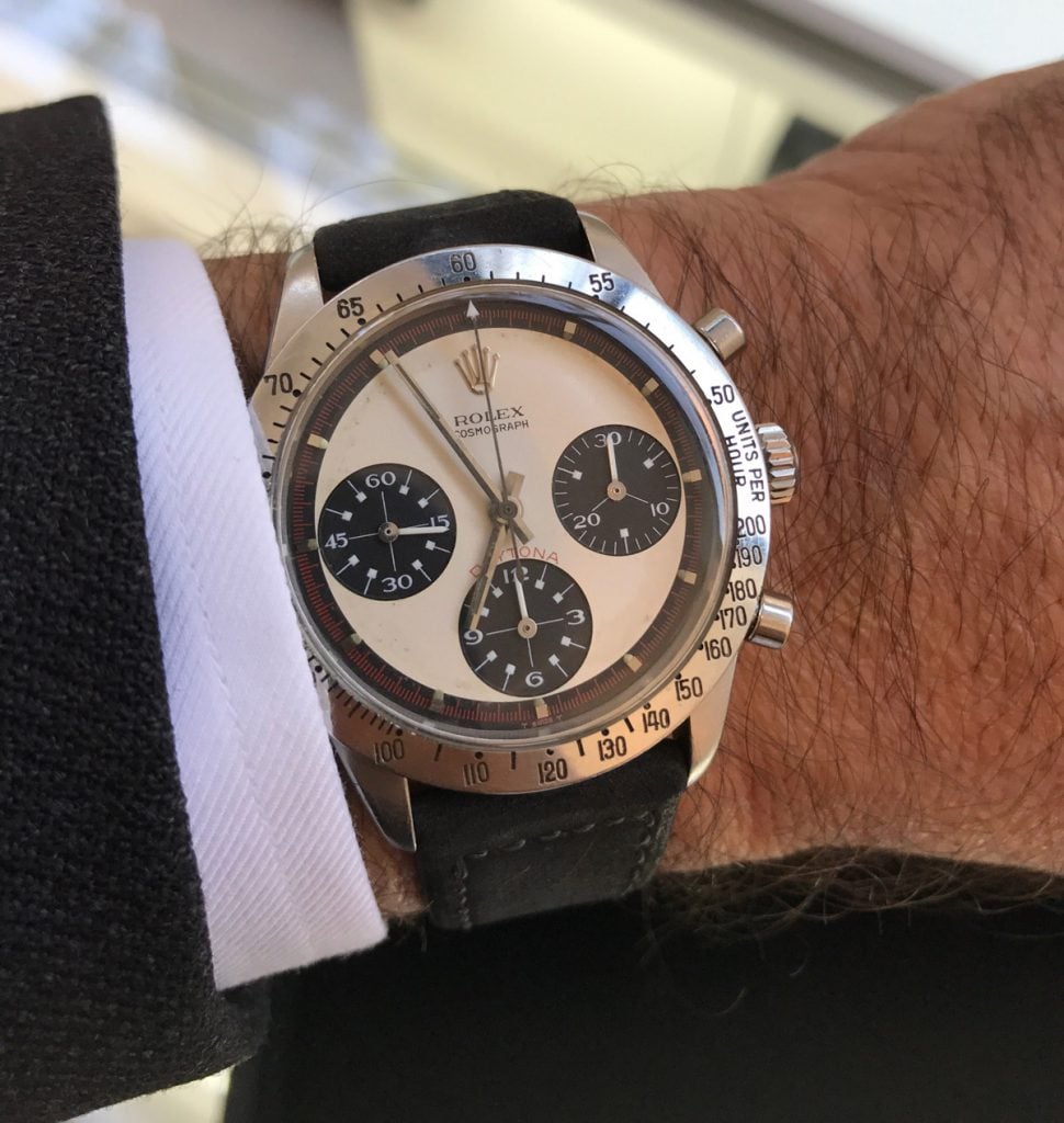 Paul Newman's own Rolex Daytona ref 6239 on the wrist of Bob's Watches CEO, Paul Altieri.