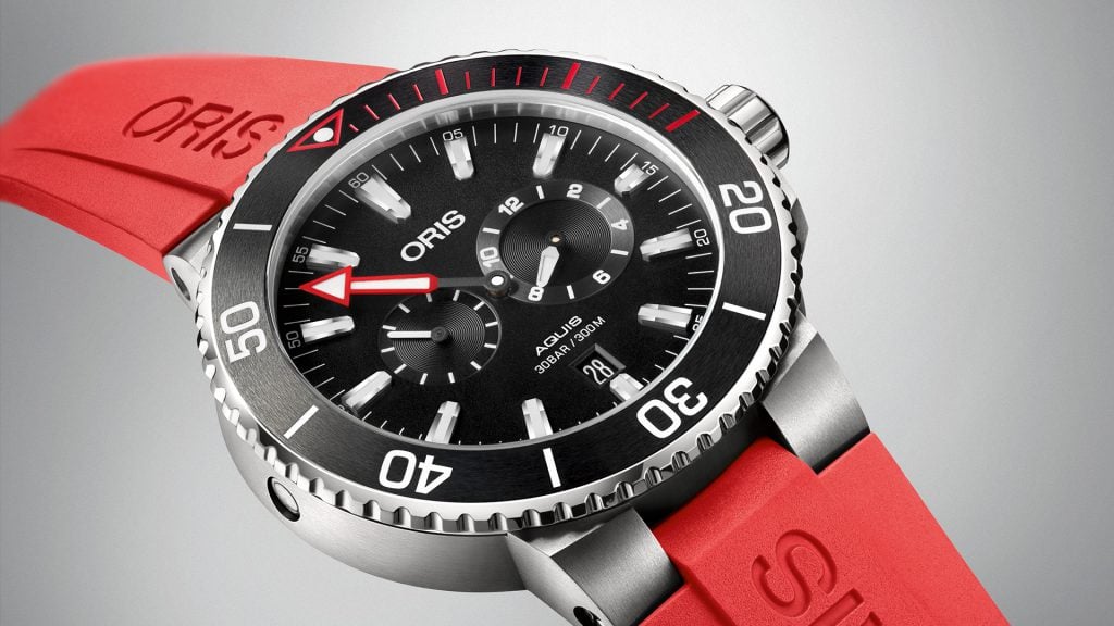 The Oris Aquis Meistertaucher on a rubber strap